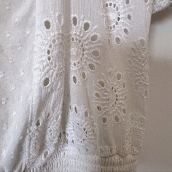 Porridge White Eyelet Embroidery Anglaise Smocked Boho Coastal Back-Tie Top M - Picture 10 of 16